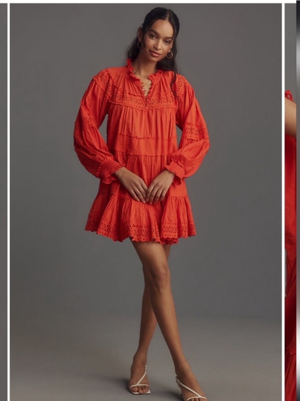 Anthropologie Maeve Long Sleeve Orange Red Mini Dress Plus Eyelet Tiered 1X EUC